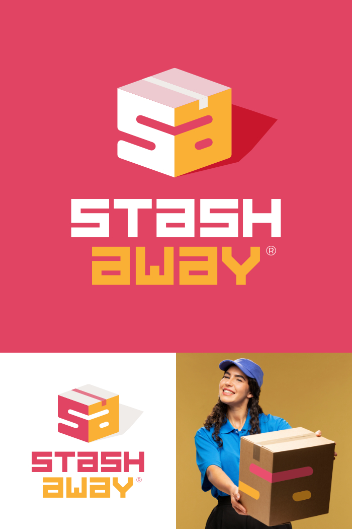 Stash Away logo, pinkish and yellow and a simulation of brand identity on a box held by a deliverer