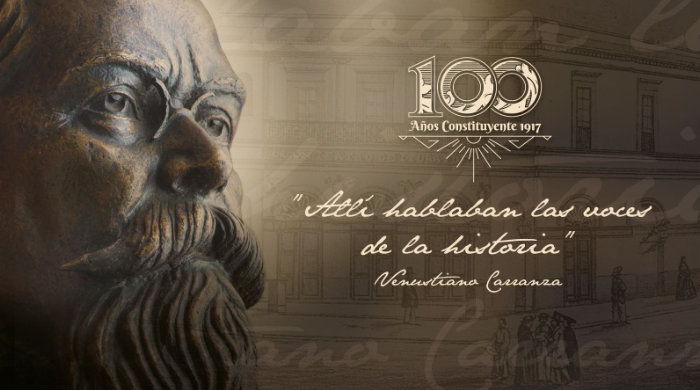 Sculpture of Carranza on the left and text on the right